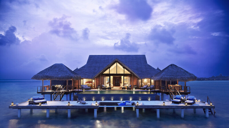 Overwater Villa at Dusk — Blue, Serene, Night