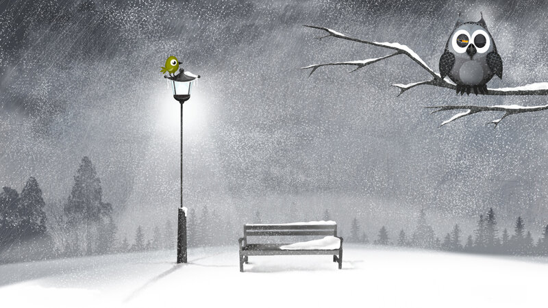 Owl and Bird in Snow — Gray