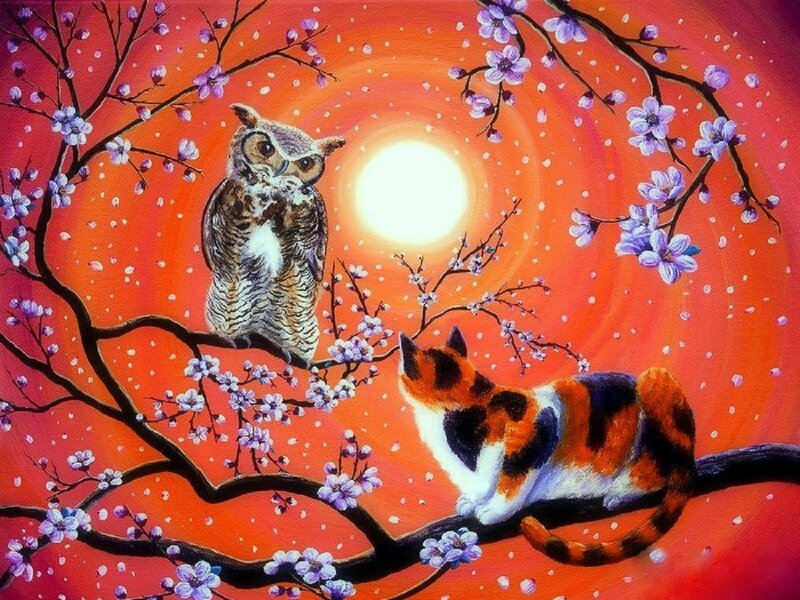 Owl and Cat on Branch