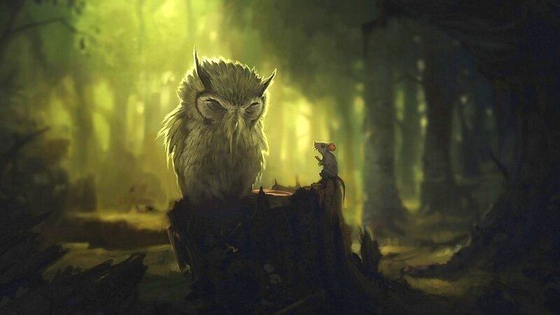 Owl and Mouse in Forest — Green, Dramatic, Night