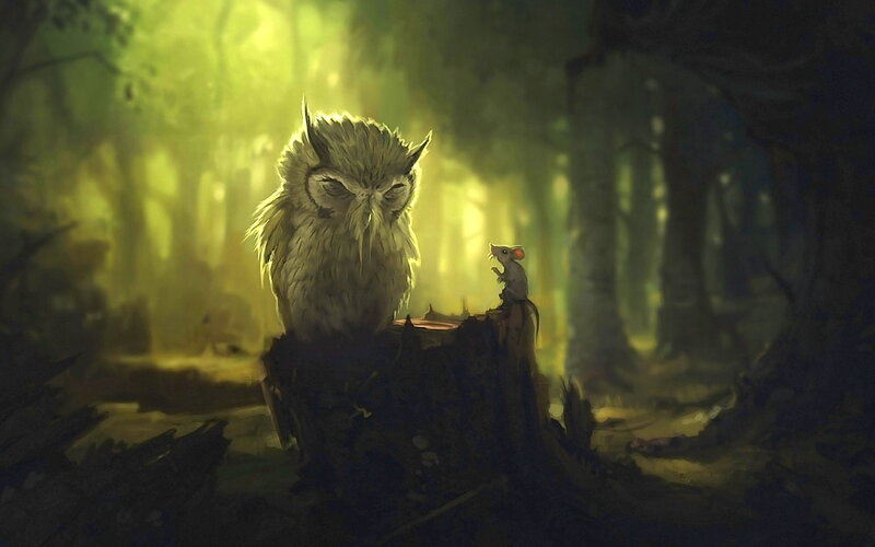 Owl and Mouse in Forest — Green, Dramatic