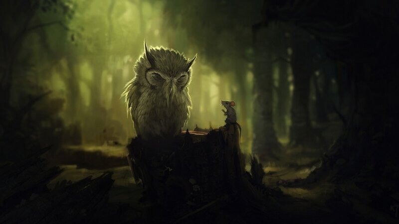 Owl and Mouse in Forest — Green, Mysterious, Night