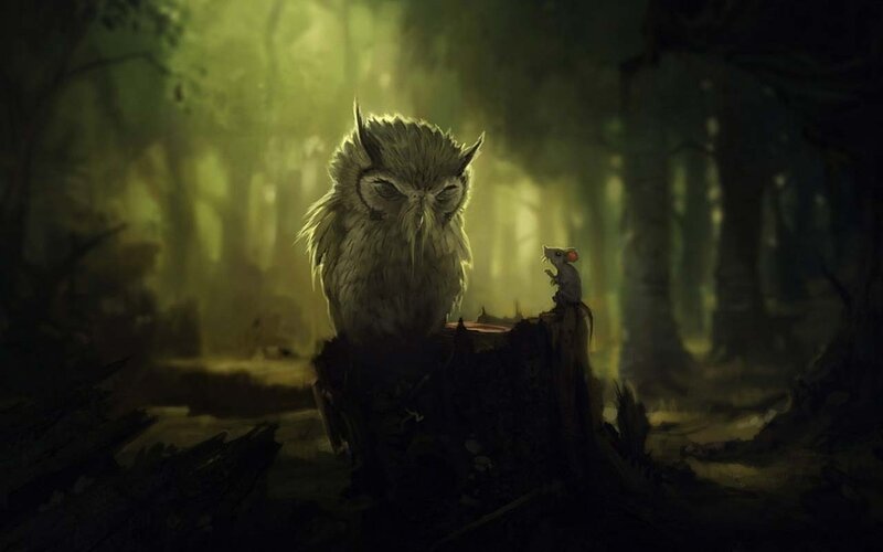 Owl and Mouse in Forest — Green, Mysterious