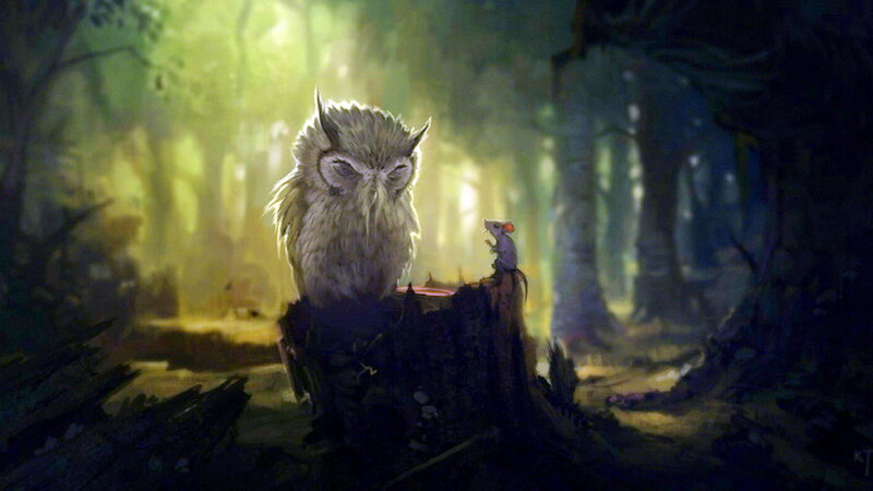 Owl and Mouse in Forest — Green