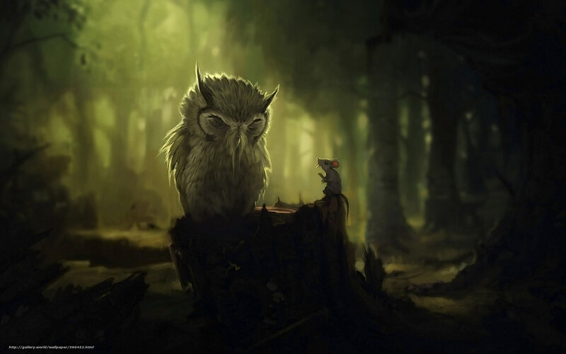 Owl and mouse in forest