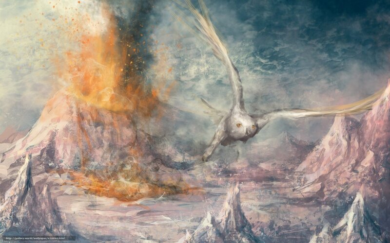 Owl Flying Over Volcano