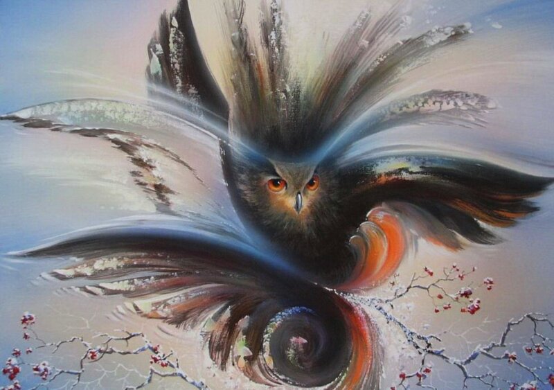 Owl in Flight — Brown, Dramatic, Winter