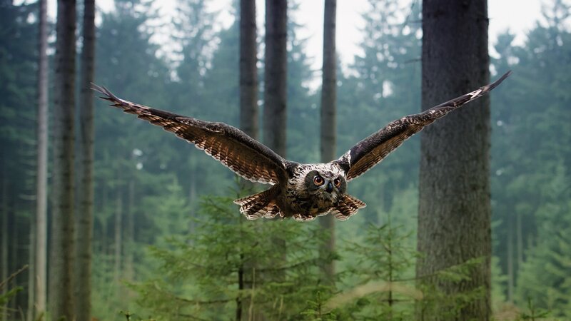 Owl in Flight — Green, Natural, Morning