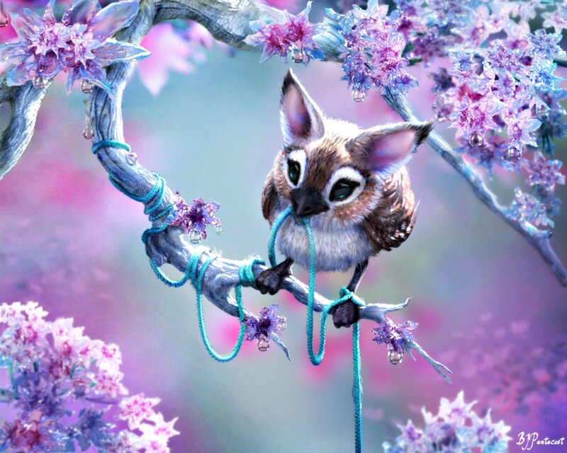 Owl-like Creature on Branch — Purple