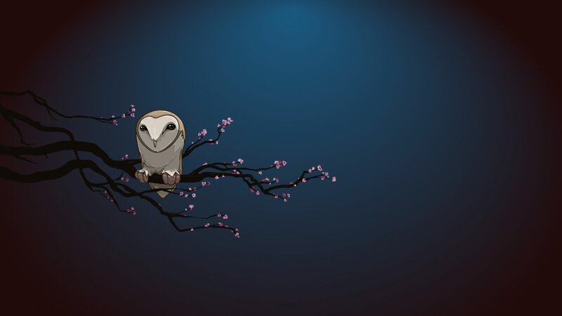 Owl on a Blossoming Branch — Blue