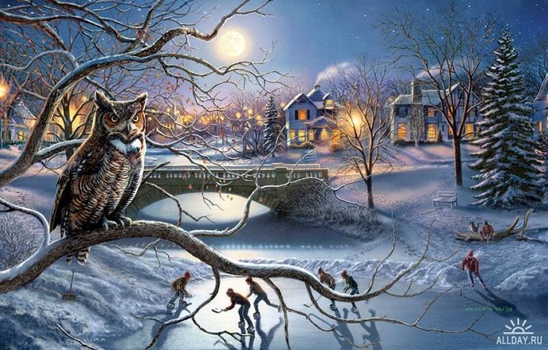 Owl on a Branch — Blue