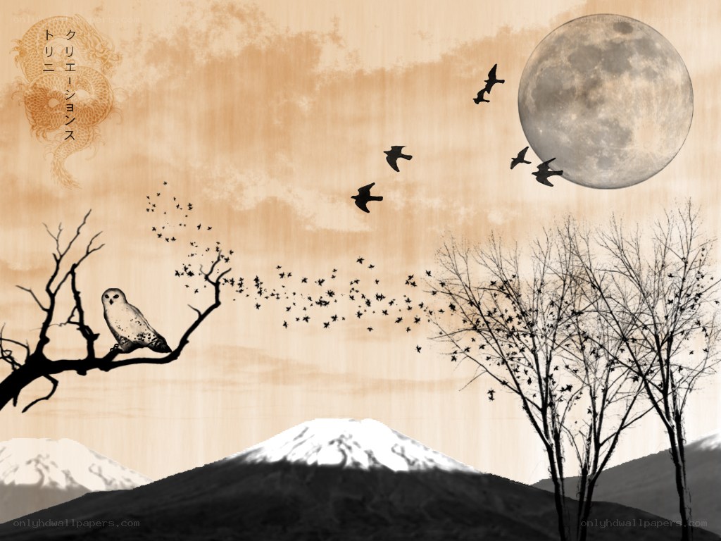 Owl on a branch under the moon