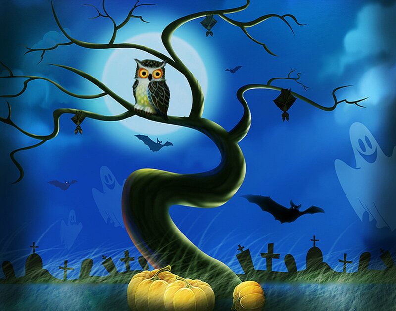 Owl on a Tree Branch — Blue, Spooky