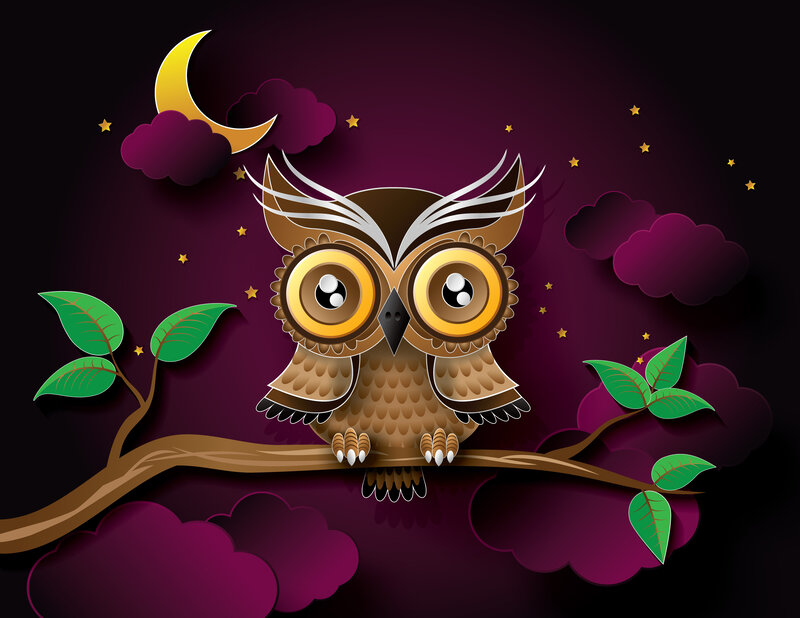 Owl on a Tree Branch — Purple
