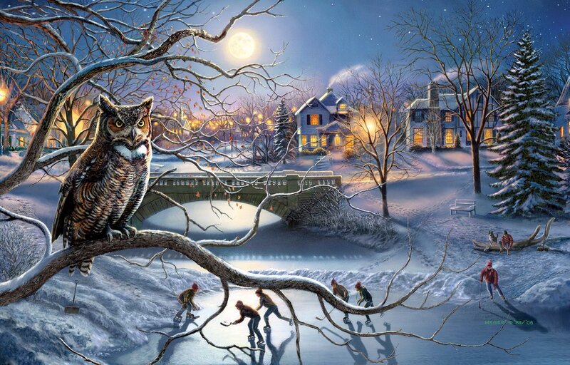 Owl on Snowy Branch — Blue