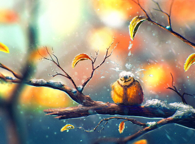 Owl on Snowy Branch — Orange