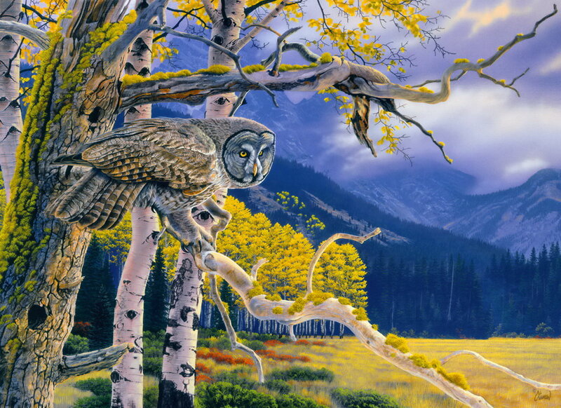 Owl on Tree Branch — Yellow, Serene