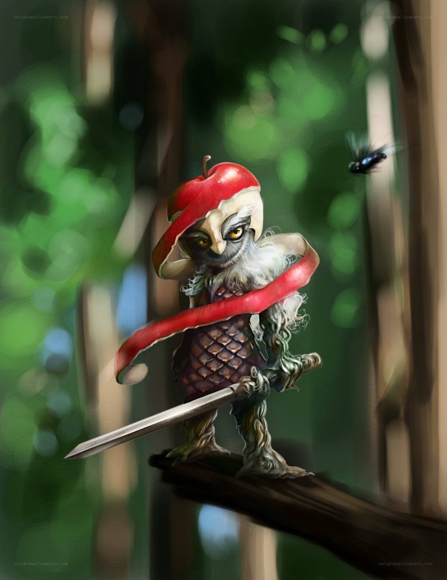 Owl warrior with apple hat