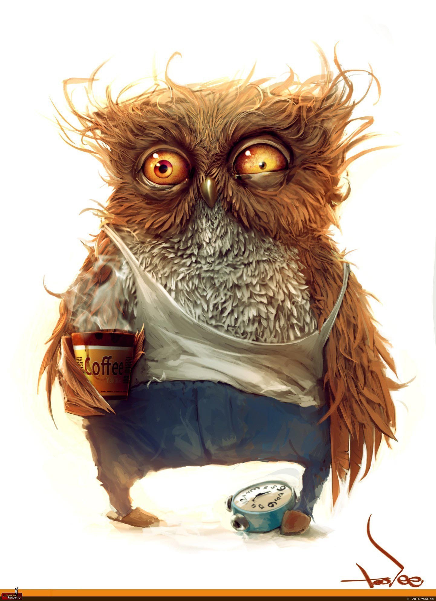 Owl with coffee and alarm clock