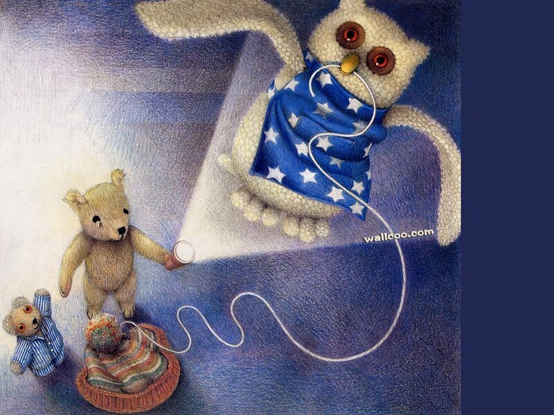 Owl with flashlight and teddy bears