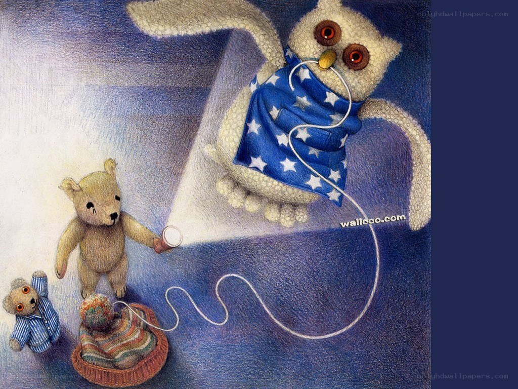Owl with flashlight and teddy bears