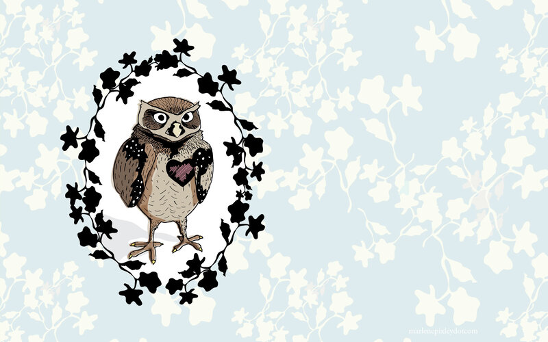 Owl with heart in ivy wreath