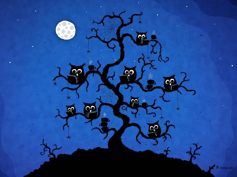 Owls in a Tree — Blue, Calm