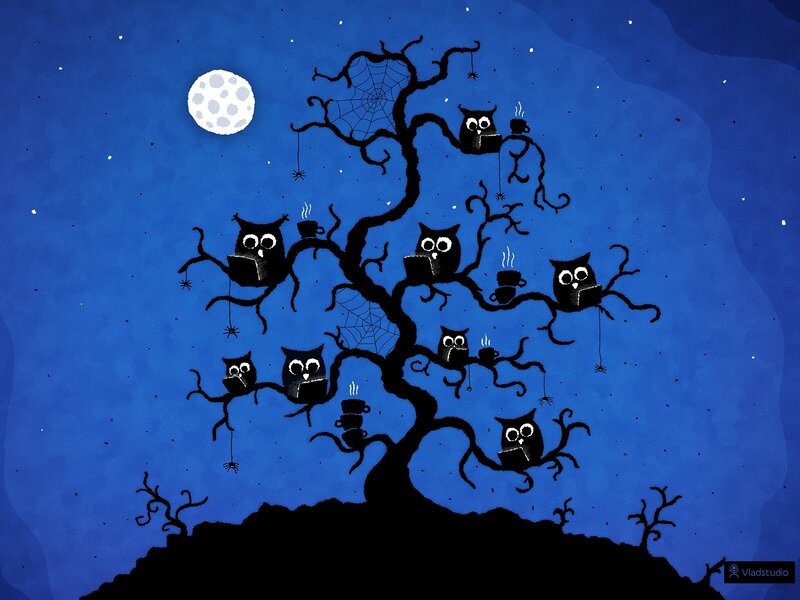 Owls in a Tree — Blue, Whimsical