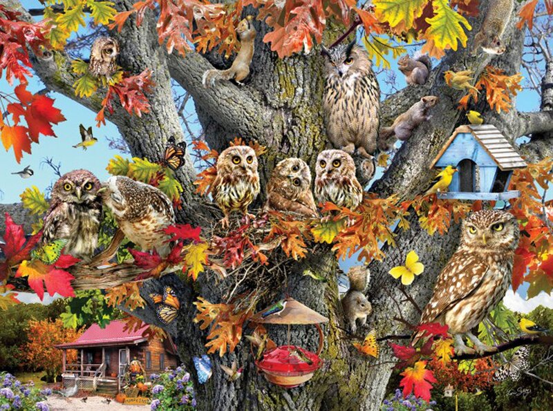 Owls in Autumn Tree — Orange