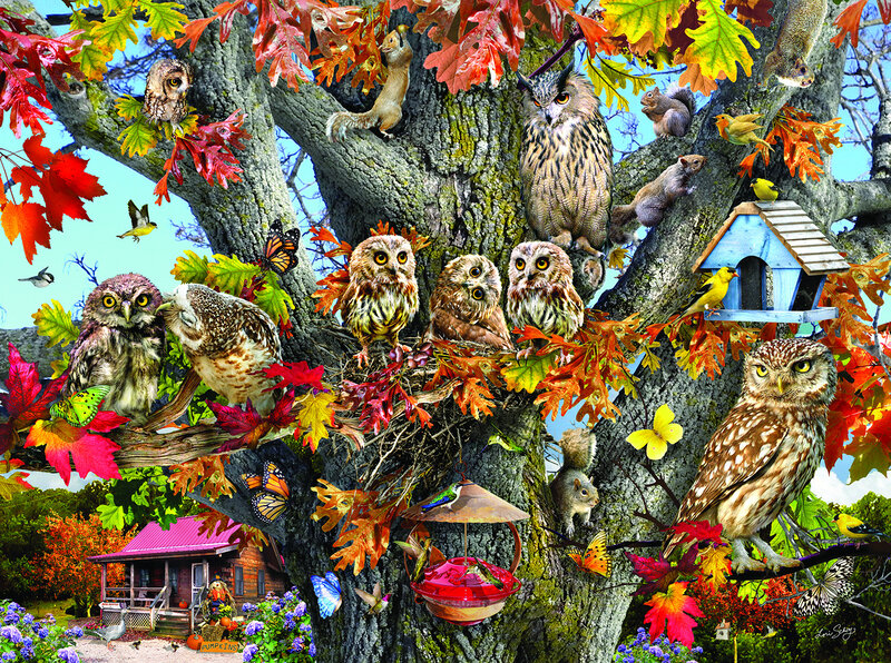 Owls in Autumn Tree