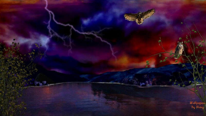 Owls in Stormy Landscape