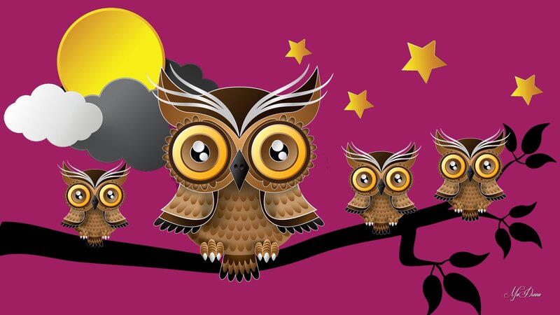 Owls on a Branch — Purple