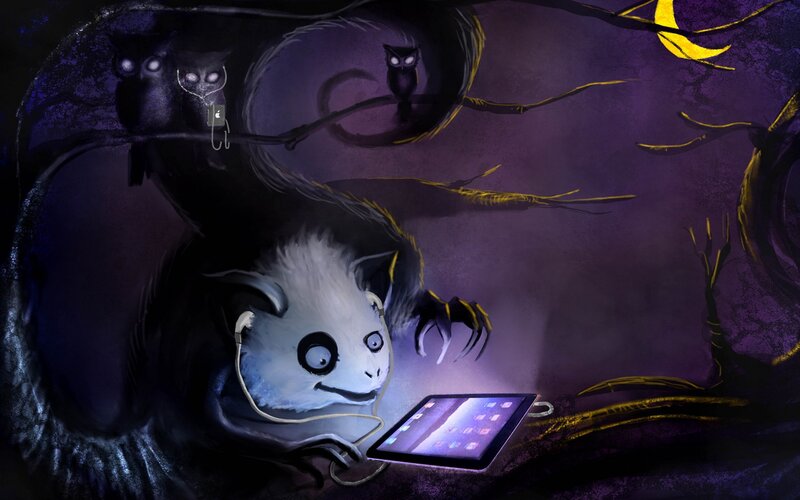 Owls watch a creature with tablet