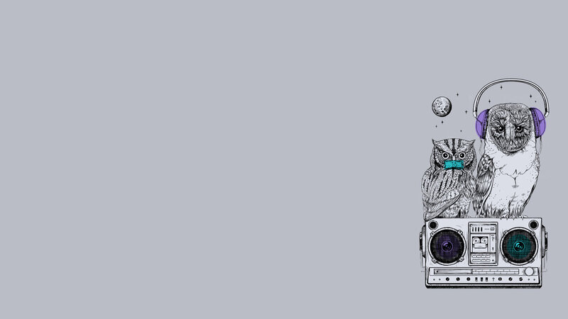 owls with boombox and headphones