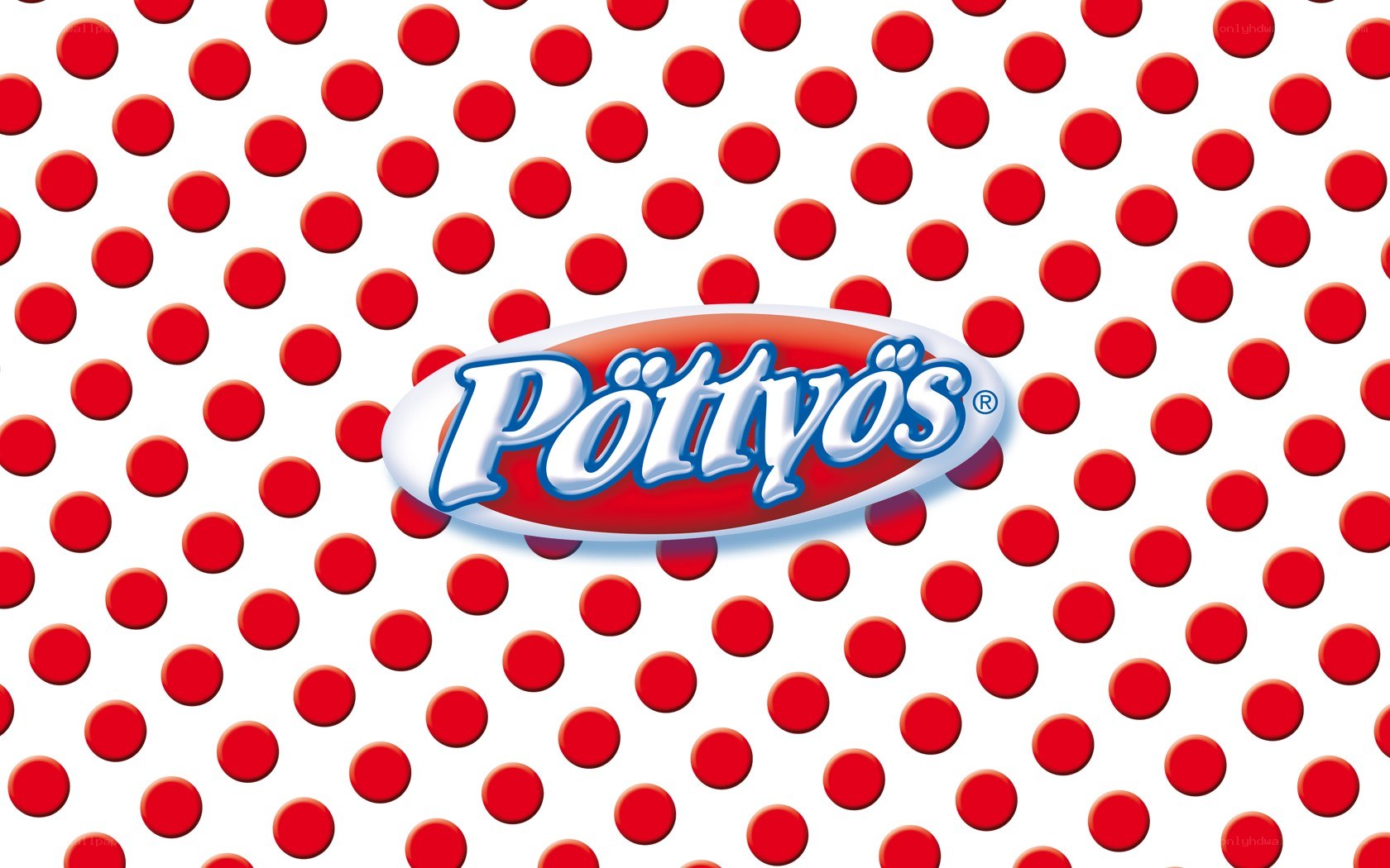 Pöttyös logo on red polka dot background