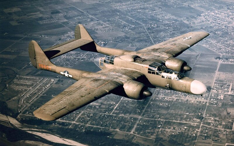 P-38 Lightning Aircraft — Green, Aerial