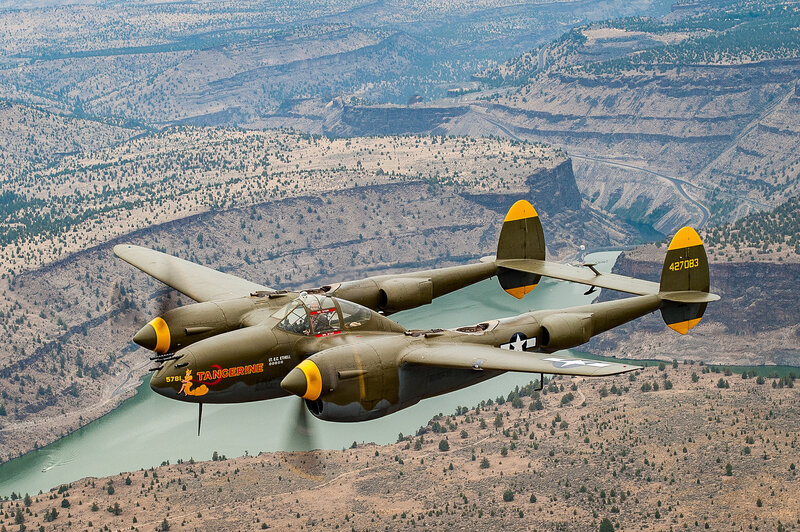 P-38 Lightning Aircraft — Green, Dramatic, Afternoon, Photograph, River