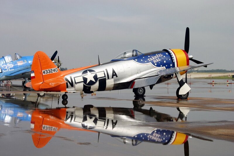 P-47 Thunderbolt on wet tarmac
