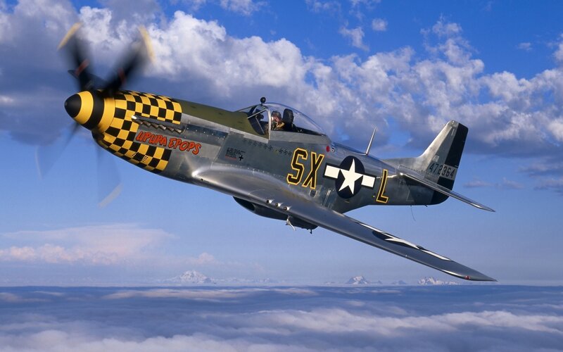 P-51 Mustang Airplane — Blue, Dramatic, Afternoon, Photograph, Propeller, Clouds