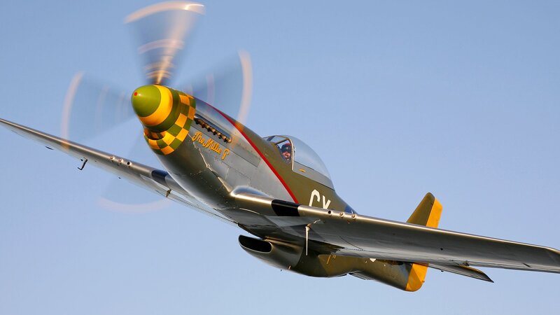 P-51 Mustang Airplane — Blue, Dynamic, Afternoon, Photograph, Propeller, Pilot, Sky, Green