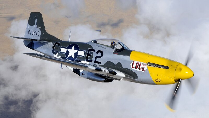 P-51 Mustang Airplane — Gray, Dynamic, Photograph, Clouds