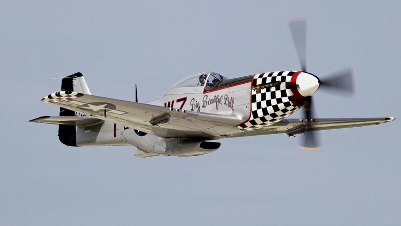 P-51 Mustang Airplane — Gray, Dynamic, Photograph, Propeller, Checkered Pattern