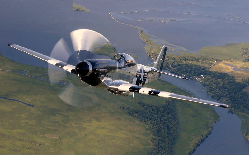 P-51 Mustang Airplane — Green, Dynamic, Afternoon, Photograph, Propeller, River