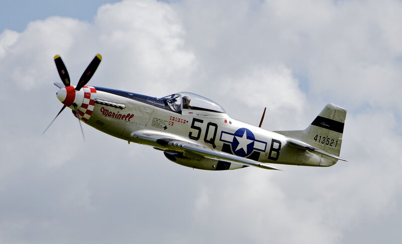 P-51 Mustang Airplane — Silver, Dynamic, Afternoon, Photograph, Propeller, Clouds, Pilot