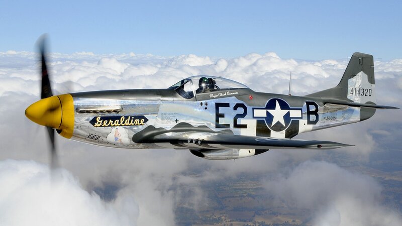 P-51 Mustang Airplane — Silver, Serene, Afternoon, Photograph, Clouds, Propeller