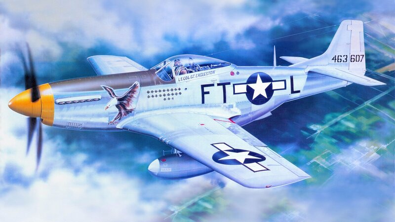 P-51 Mustang Fighter — Blue, Dramatic, Illustration, Eagle Nose Art