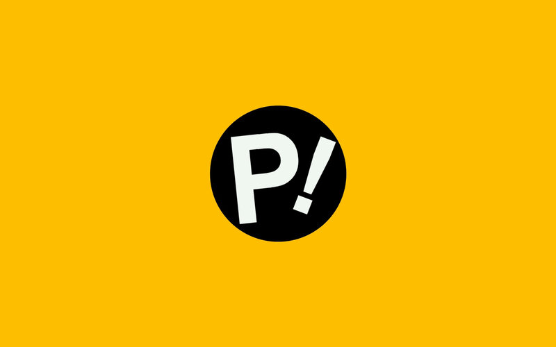 P! logo on yellow background