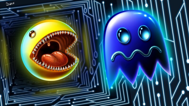 Pac-Man and Ghost — Blue, Dramatic