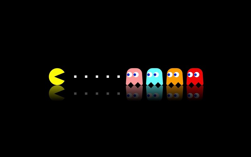 Pac-Man and Ghosts — Black, Playful, Digital Art, Dots, Reflection