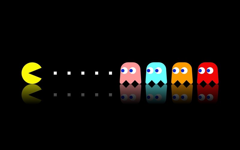 Pac-Man and Ghosts — Black, Playful, Digital Art, Dots